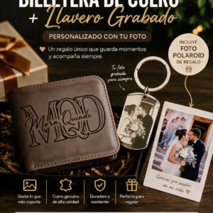 Combo 2: Billetera Modelo 1 Café Oscuro Punta Redonda+ Llavero de Acero Inoxidable Rectangular Grabado + Envío Gratis